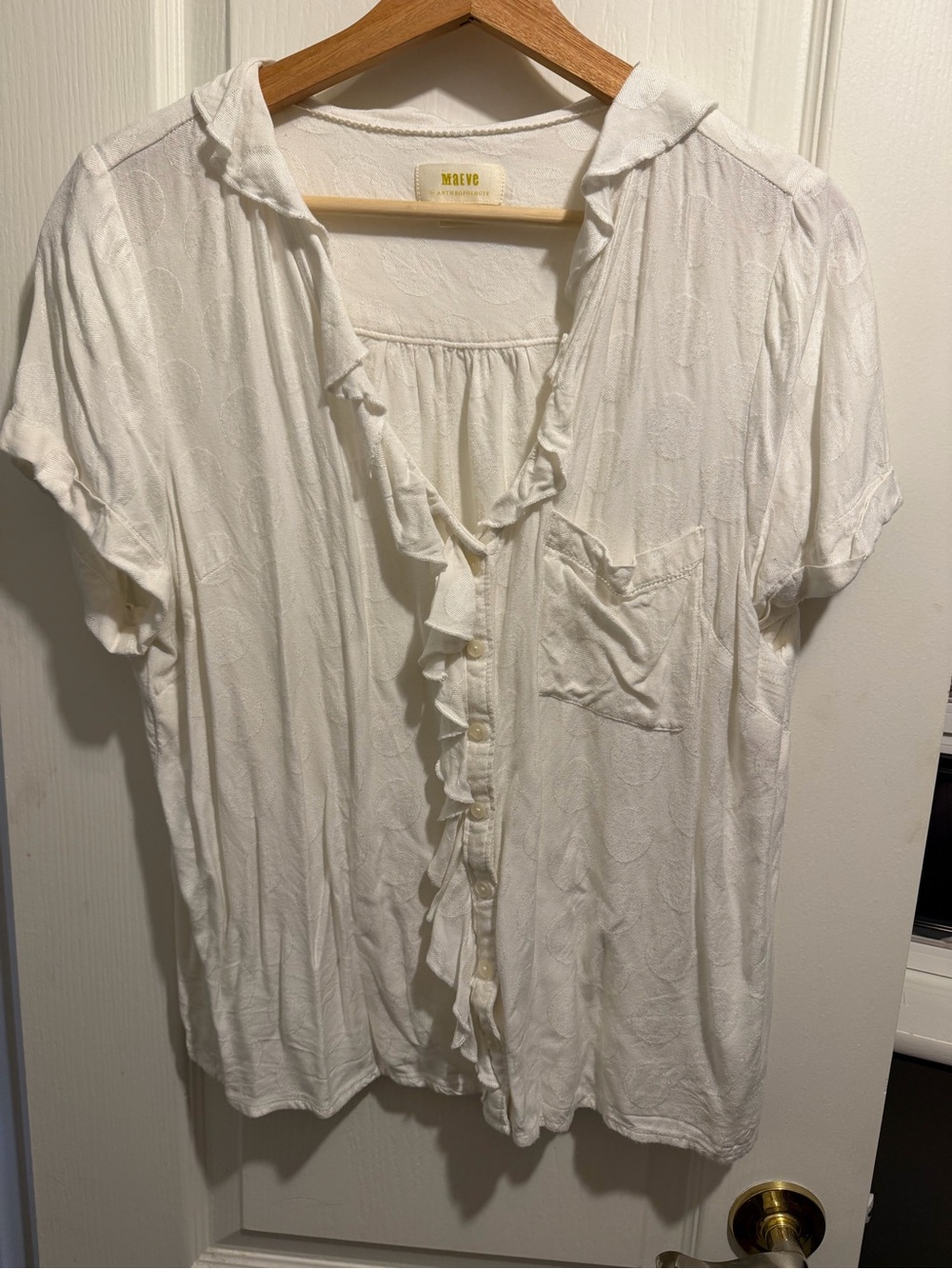 Anthropologie Maeve Jojo Polka Dot White Ruffle Short Sleeve Blouse L
